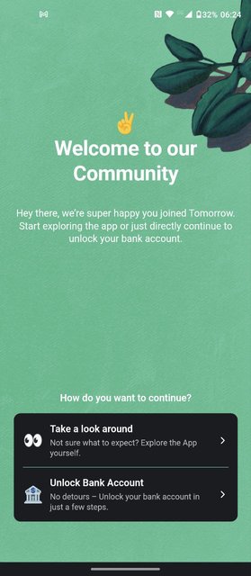 Tomorrow bank app screenshot - Welcome screen.