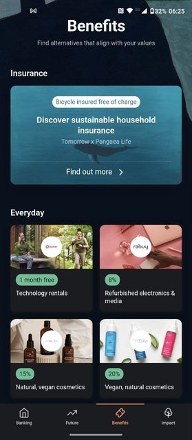 Tomorrow bank app screenshot - Benefits tab.