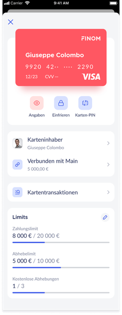 Overview and bank card details in Finom iOS app